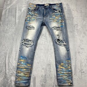 KDNK Men's Jeans Size 38x32 Distressed Ripped Paint Splatter Denim Design‎ Blue